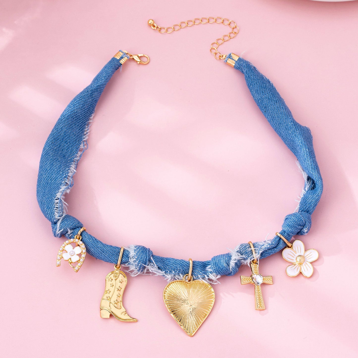 Western Denim Cowboy Boot & Cross Charm Necklace