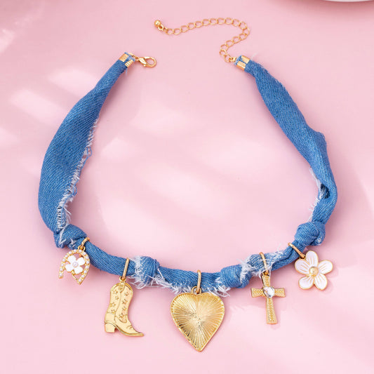Western Denim Cowboy Boot & Cross Charm Necklace