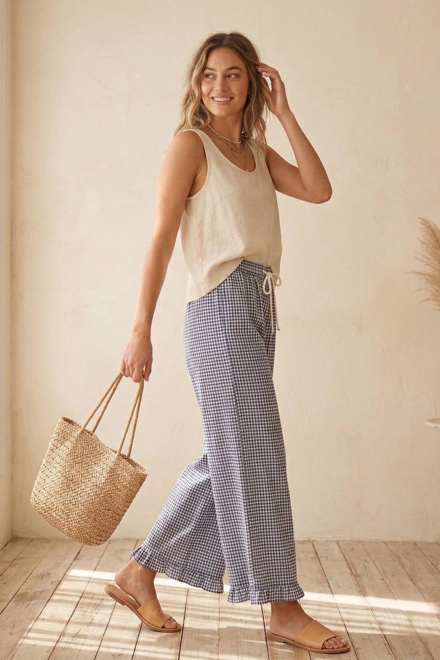 Checkered Gingham Ruffled Hem Pants