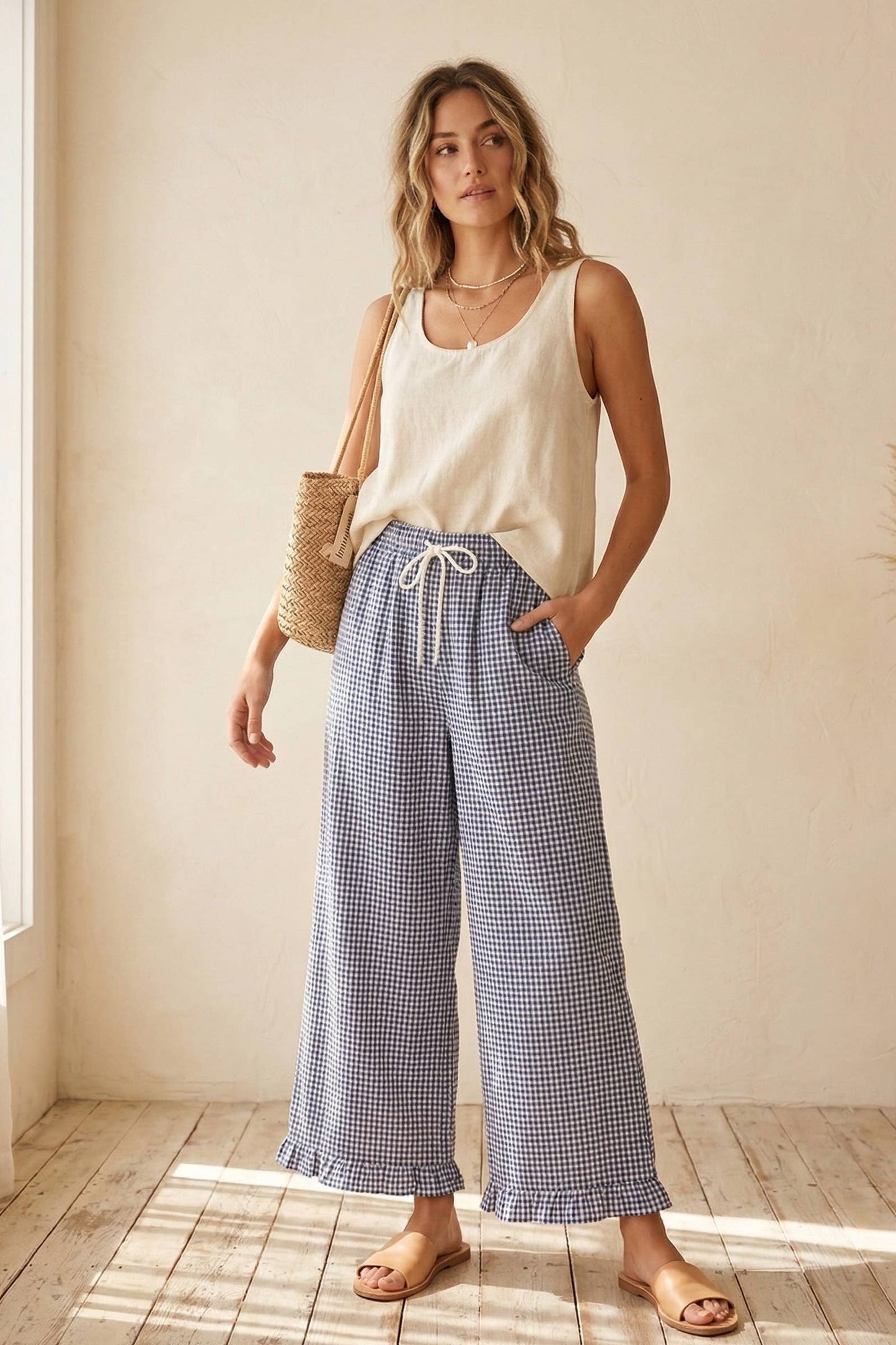 Checkered Gingham Ruffled Hem Pants