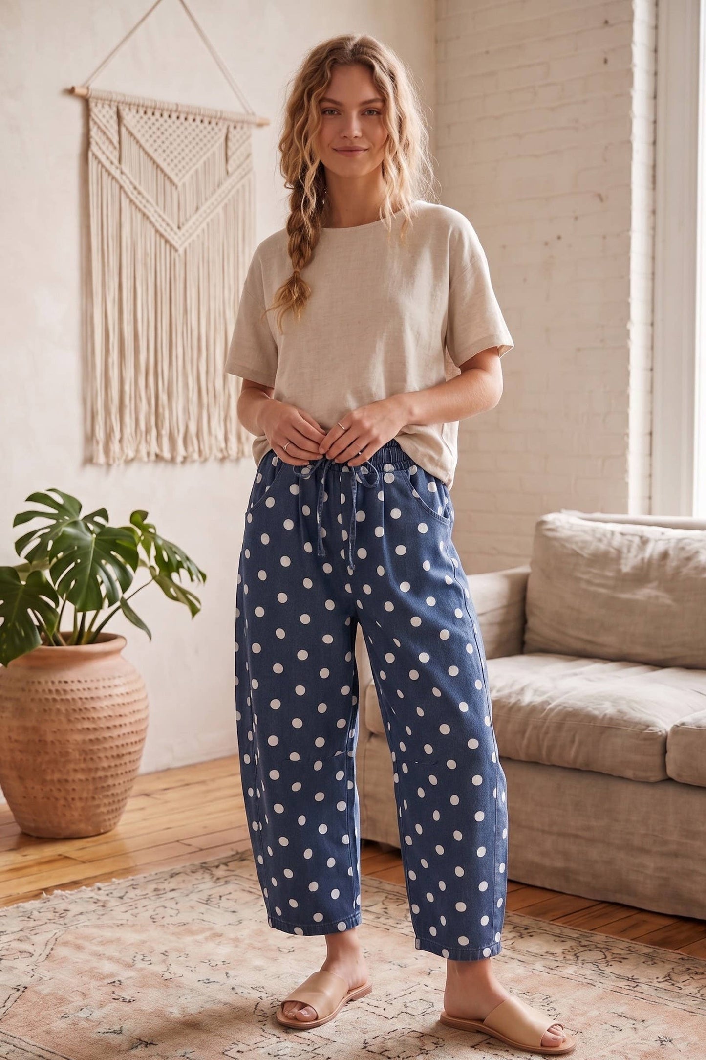 Dark Wash Polka Dot Denim Barrel Pants