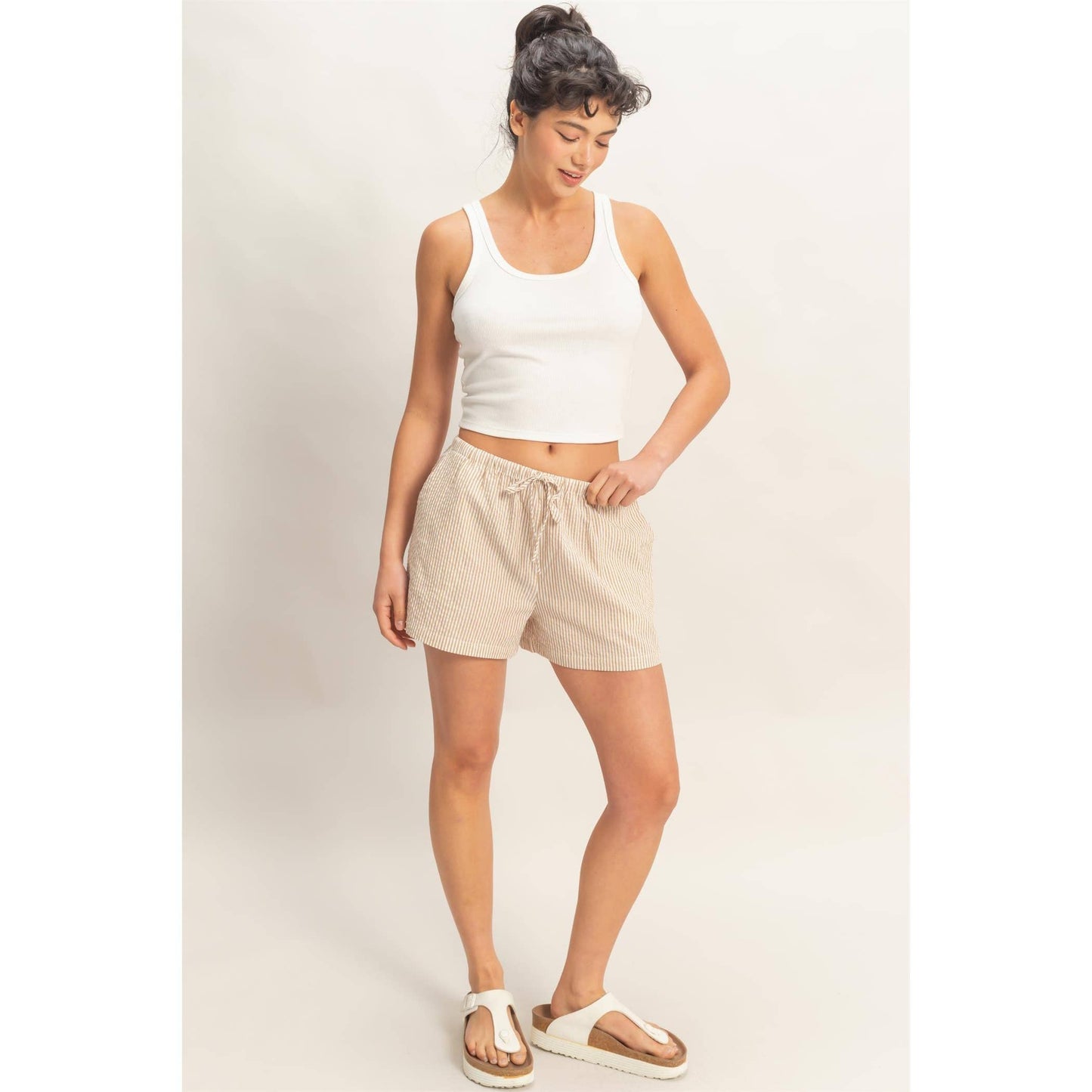 Taupe Striped Drawstring Waist Shorts