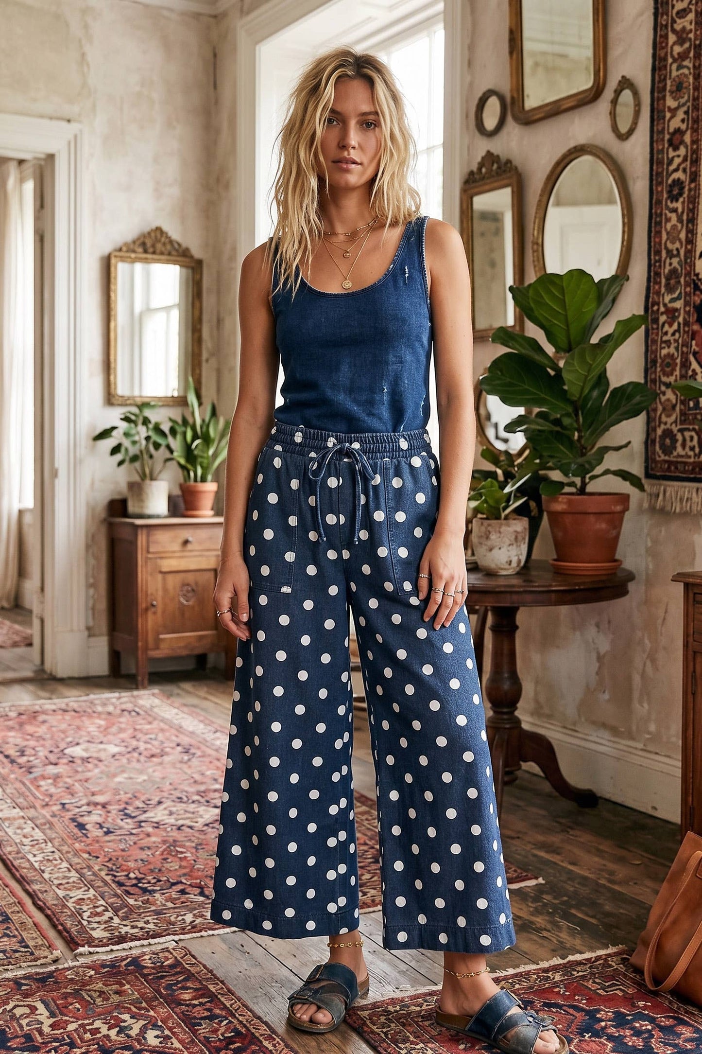 Polka Dot Denim Wide Leg Pants