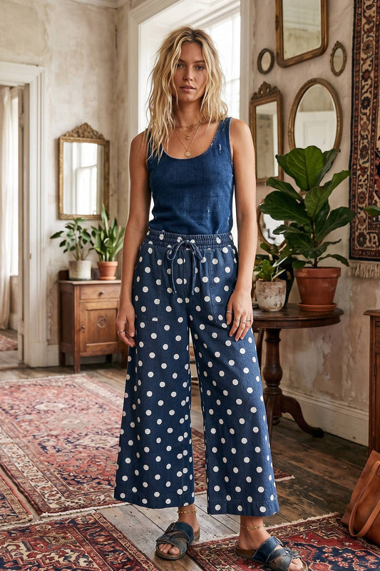 Polka Dot Denim Wide Leg Pants