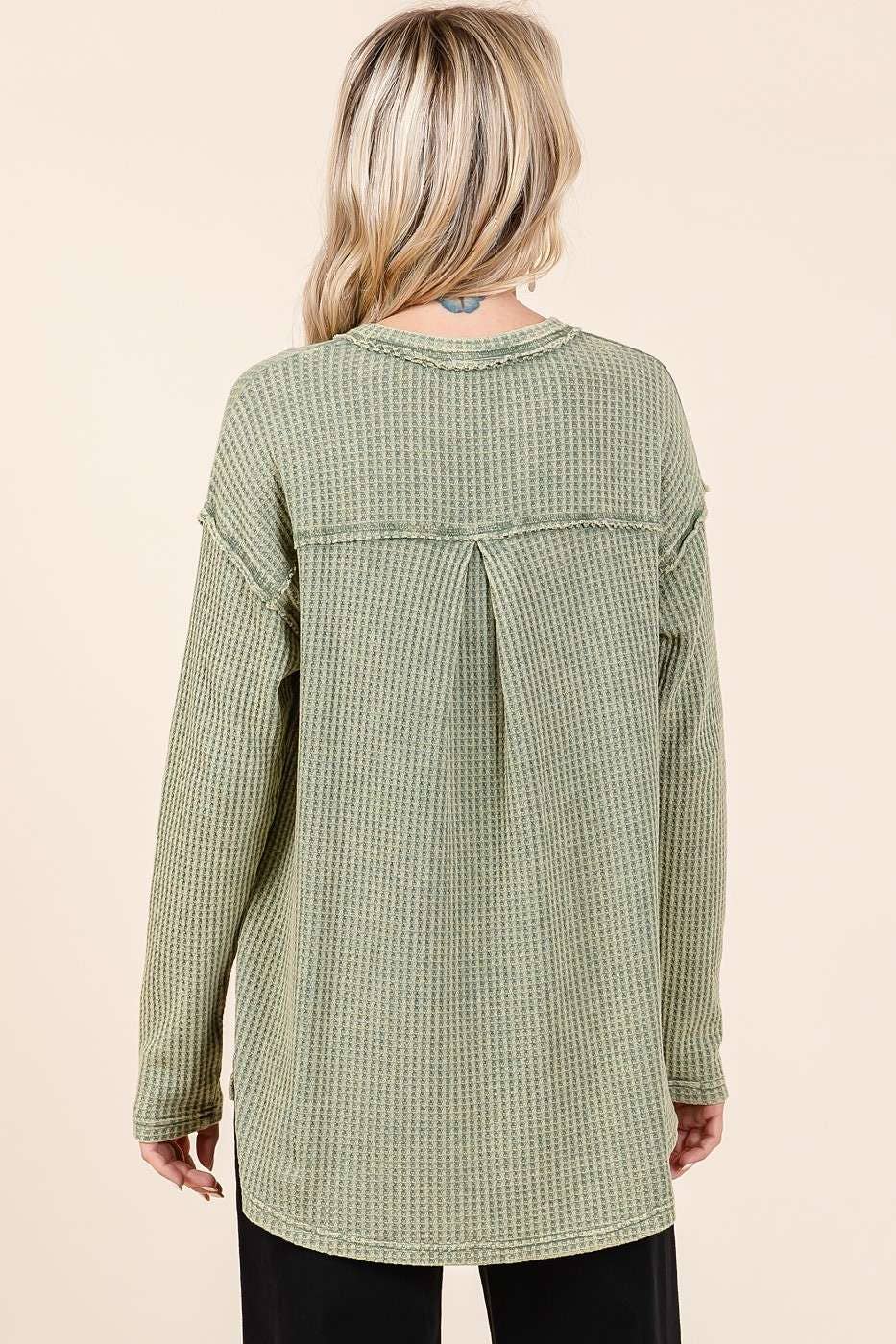 Mineral Wash Waffle Knit V-Neck Long Sleeve Top