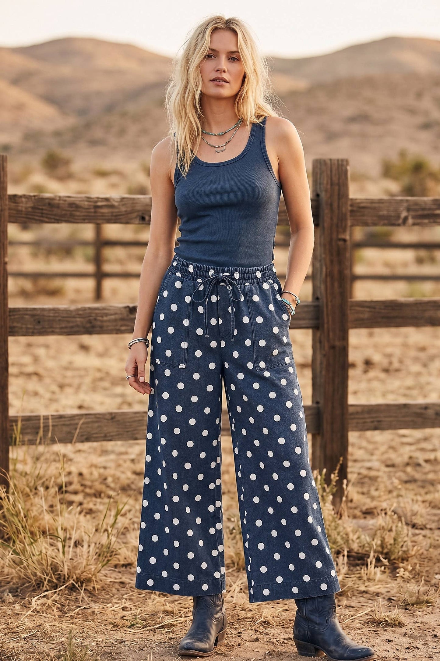Polka Dot Denim Wide Leg Pants