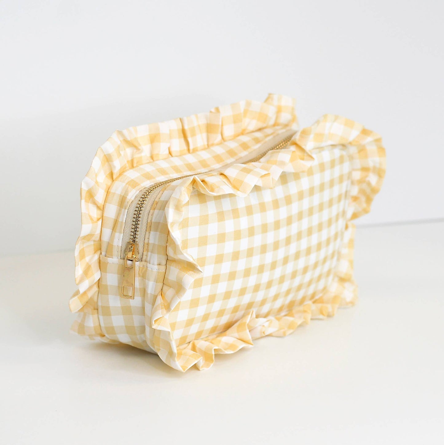 Gingham Ruffle Zipper Pouch Cosmetic Bag
