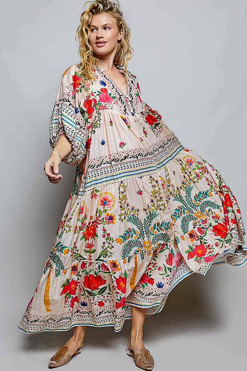 Boho Deep V-Neck Floral Balloon Sleeve Dress