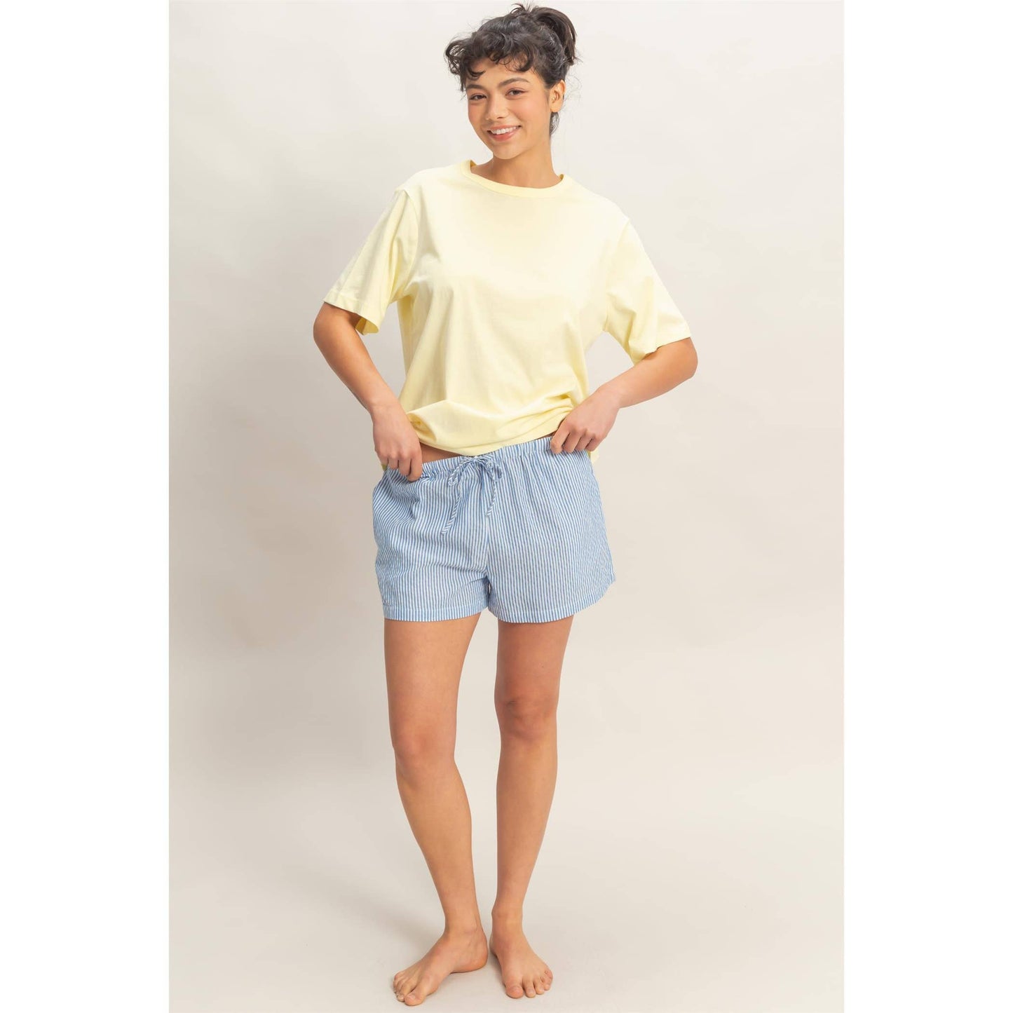 Blue Striped Drawstring Waist Shorts