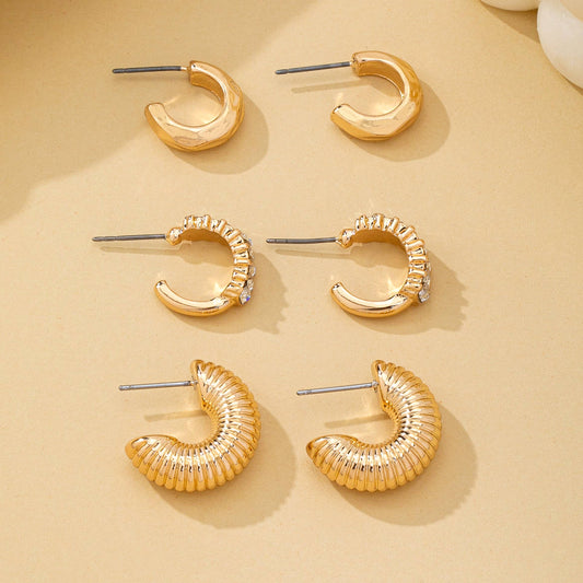 Rhinestone Textured Hoop Earring Set