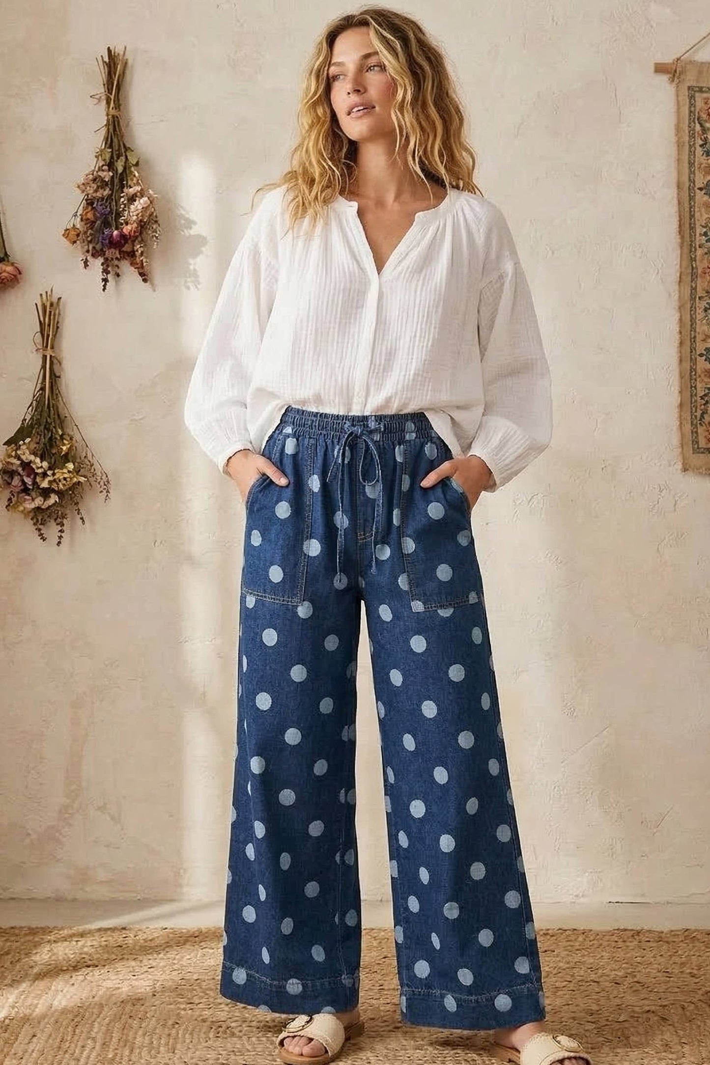 Polka Dot Denim Wide Leg Pants