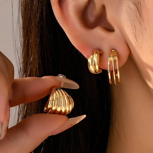 Vintage Gold Shell & Ribbon Hoop Trio Earring Set