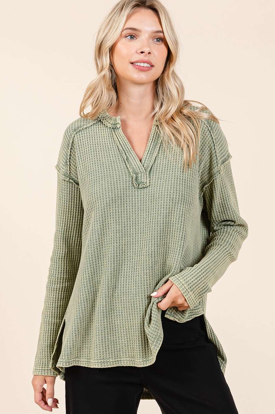 Mineral Wash Waffle Knit V-Neck Long Sleeve Top