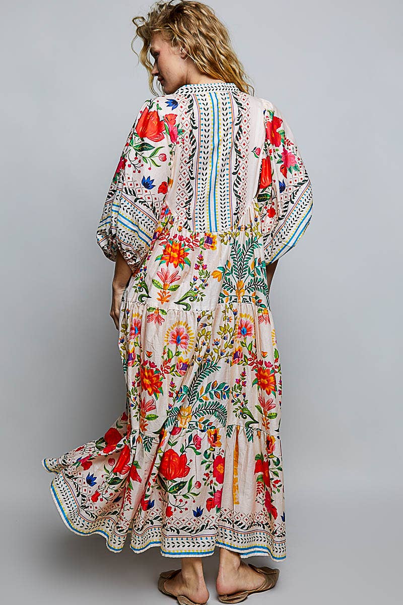 Boho Deep V-Neck Floral Balloon Sleeve Dress