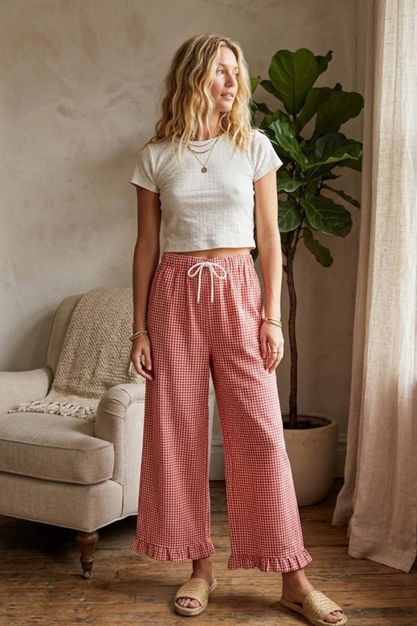 Checkered Gingham Ruffled Hem Pants