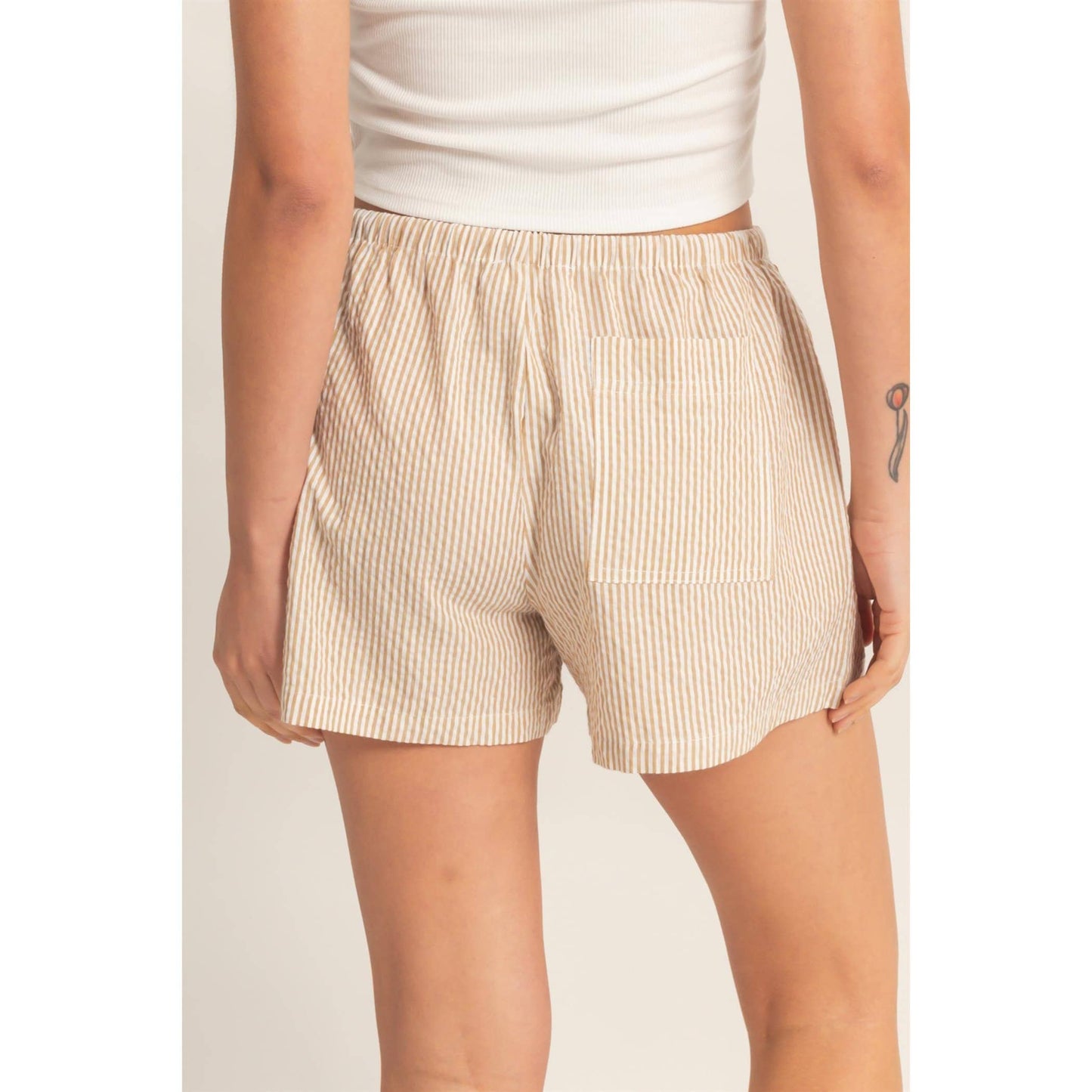 Taupe Striped Drawstring Waist Shorts