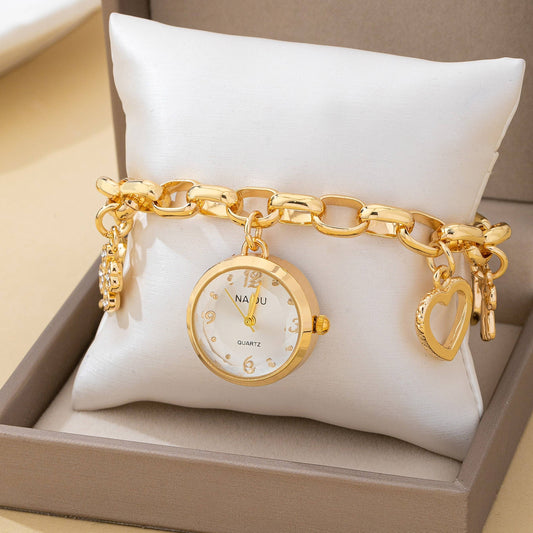 Round Dial Charm Clover Heart Bracelet Watch